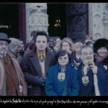 Postcard remembering the moment of the ceremony at the doors of Notre-Dame de Paris. In the image, Jean-Marc Debenedetti, Saint Lis, San Fando, Laurence Imbert, Marc Brenner and Charif.